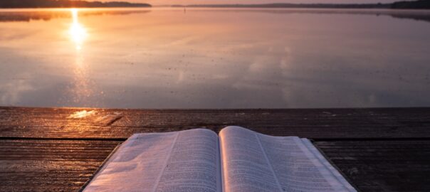 book on top of table and body of water